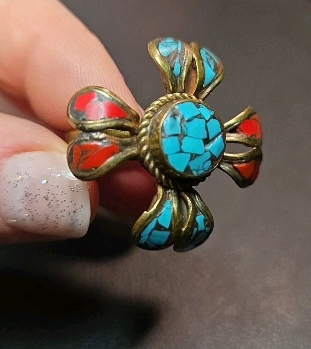Vintage Handcrafted Tibetan Nepali Ring Turquoise & Red Coral Inlay Size 7.5